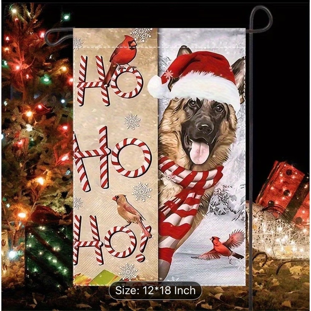 German Shepherd Christmas Garden Flag Ho Ho Ho Cardinal Burlap 12x18 Santa Dog